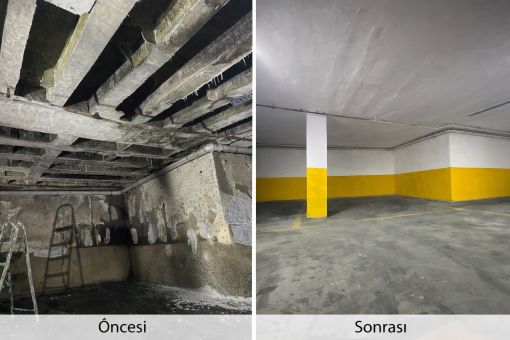 Yangın sonrası otopark boyama - Öncesi ve Sonrası